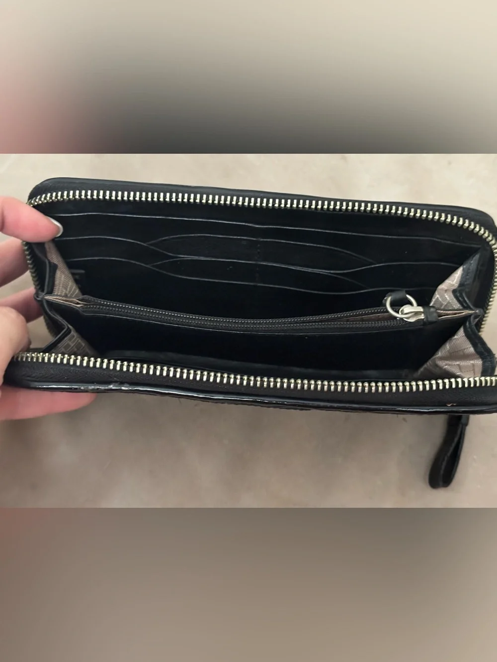 Cole Haan Black Woven Patent Leather Zip Around Wallet Checkered Organizer